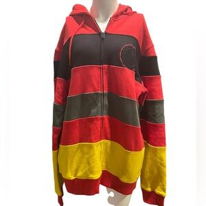 Nomis Sweatshirt Mens large Red Yellow Striped Zip Up Hoodie Front Pocket